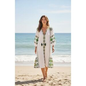 Rose And Rose Size Small Amersham White & Green MIDI Boho Embriodered Dress